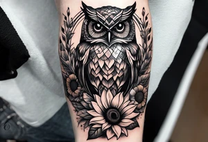 Sunflower forearm tattoo with owl, and light house tattoo idea