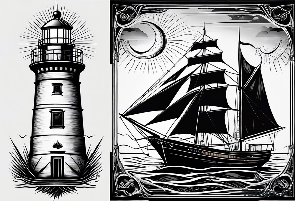 sailboat seen from the front. sail in the shape of a maritime lighthouse.phoenix drawn on the sail. tattoo idea