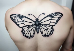 Butterfly withe the name Damani made in one wing and the other wing with the name Donovan. The body made with the name Dalyla. tattoo idea