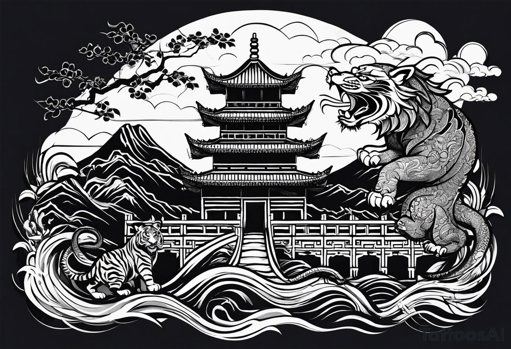 Create for me a tattoo in the Chinese style featuring the Great Wall of China a tiger, a rat, a snake, , and a temple. tattoo idea