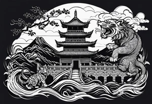 Create for me a tattoo in the Chinese style featuring the Great Wall of China a tiger, a rat, a snake, , and a temple. tattoo idea