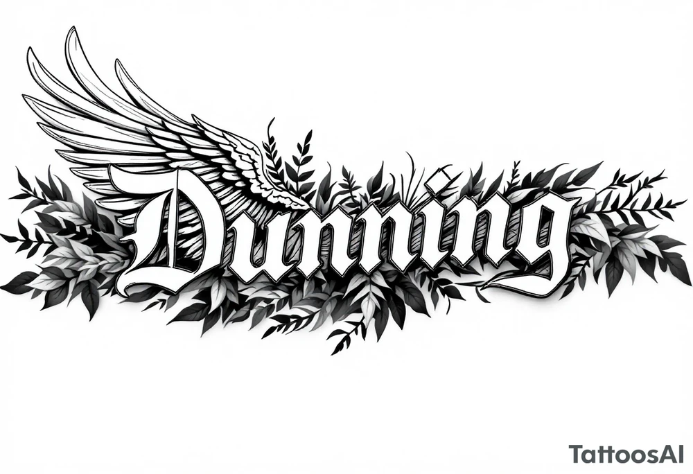 Dunning, left forearm details include angel wing, greek type of font,jungle leaves, name is big and in white color tattoo idea