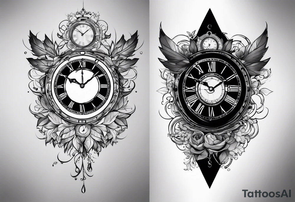 Dessine-moi un tatouage représentant une horloge dans un sablier. C'est un tatouage masculin qui se porte sur l'épaule  en arrière-plan, on y trouve des ombres de chiffre. Romain. tattoo idea