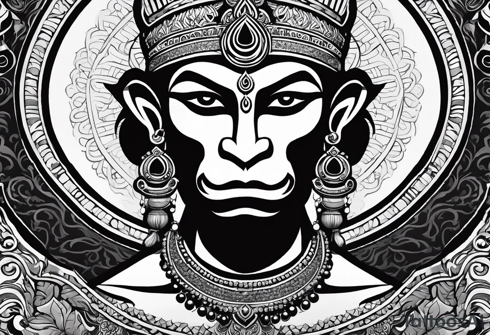 A simplified depiction of Hanuman, focusing on clean lines and minimal detail to capture his essence. Key features like his face, his mace (gada), and his posture could be subtly defined, without overwhelming detail. Avoid intricate textures, focusing more on silhouette and key symbolic elements. tattoo idea