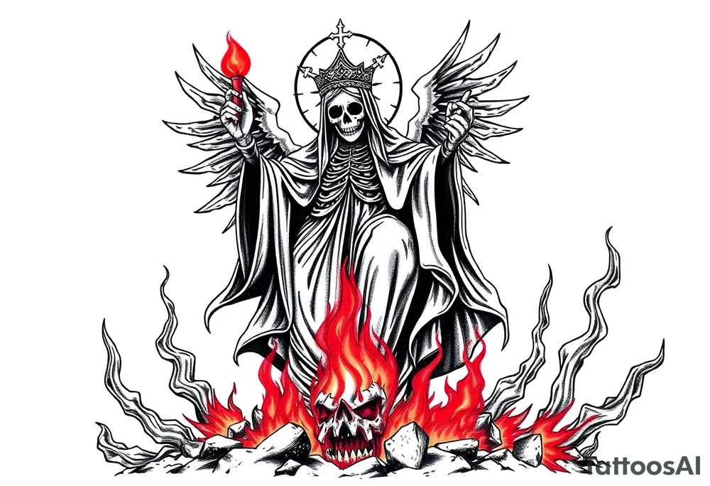 Magnificent Santa muerte rising out of the ashes of hell to claim a soul tattoo idea