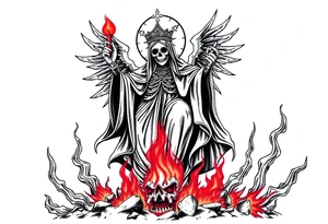 Magnificent Santa muerte rising out of the ashes of hell to claim a soul tattoo idea