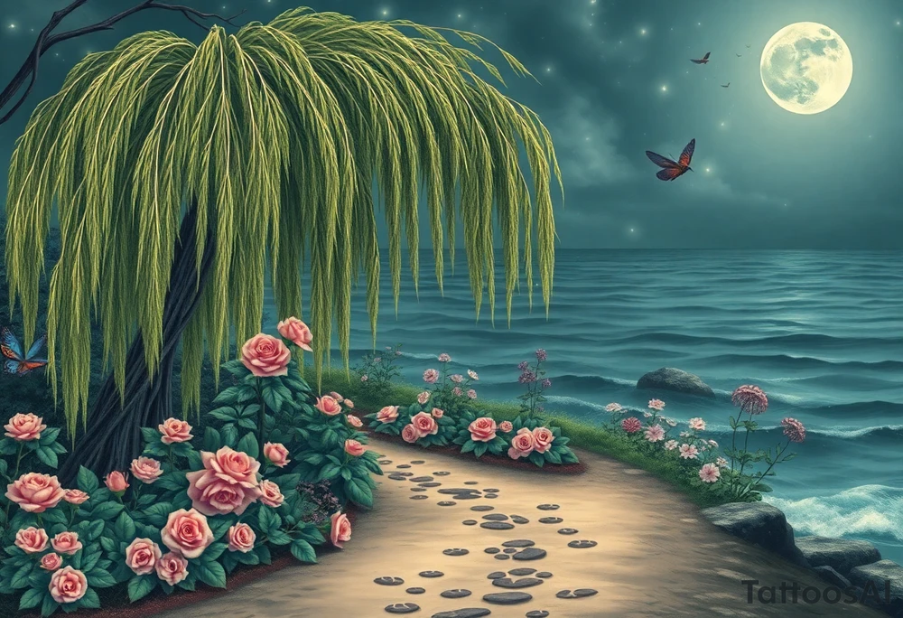 Night time. Ocean.  weeping willow garden with roses and liles flower beds. fantasy creatures, fairies, mermiads, dragons butterflies,  cat paw prints path in dirt. tattoo idea