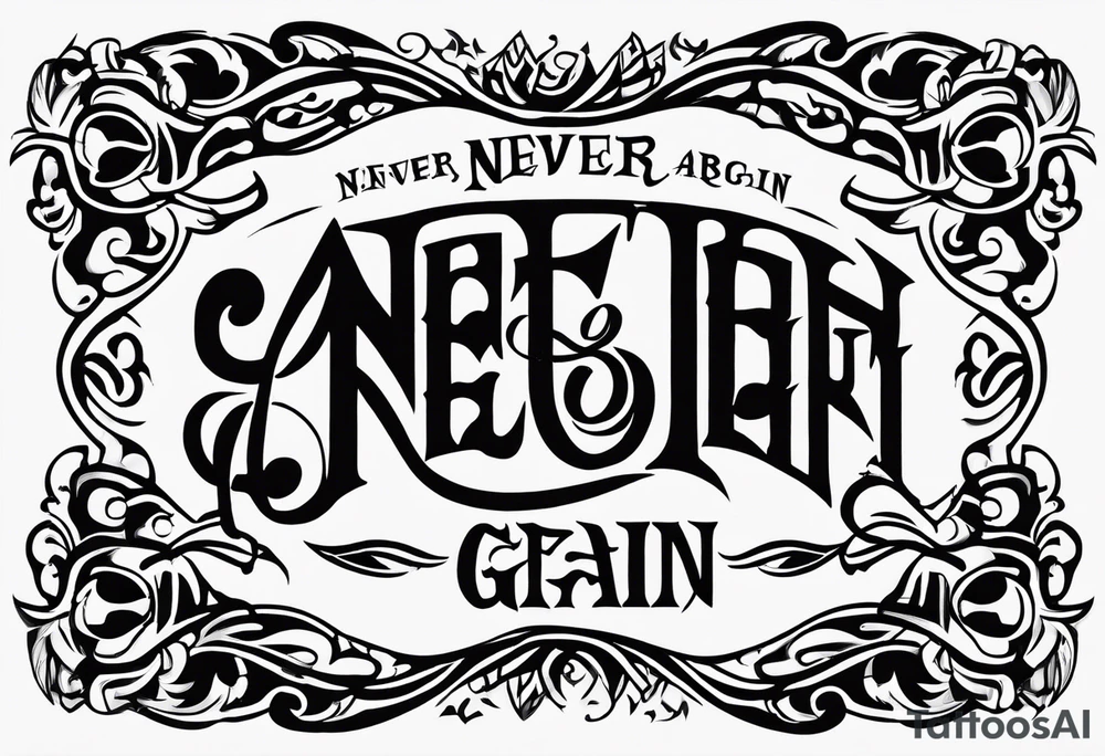 black inscription “Never broke again” on a white background in an unreadable thin Gothic font tattoo idea