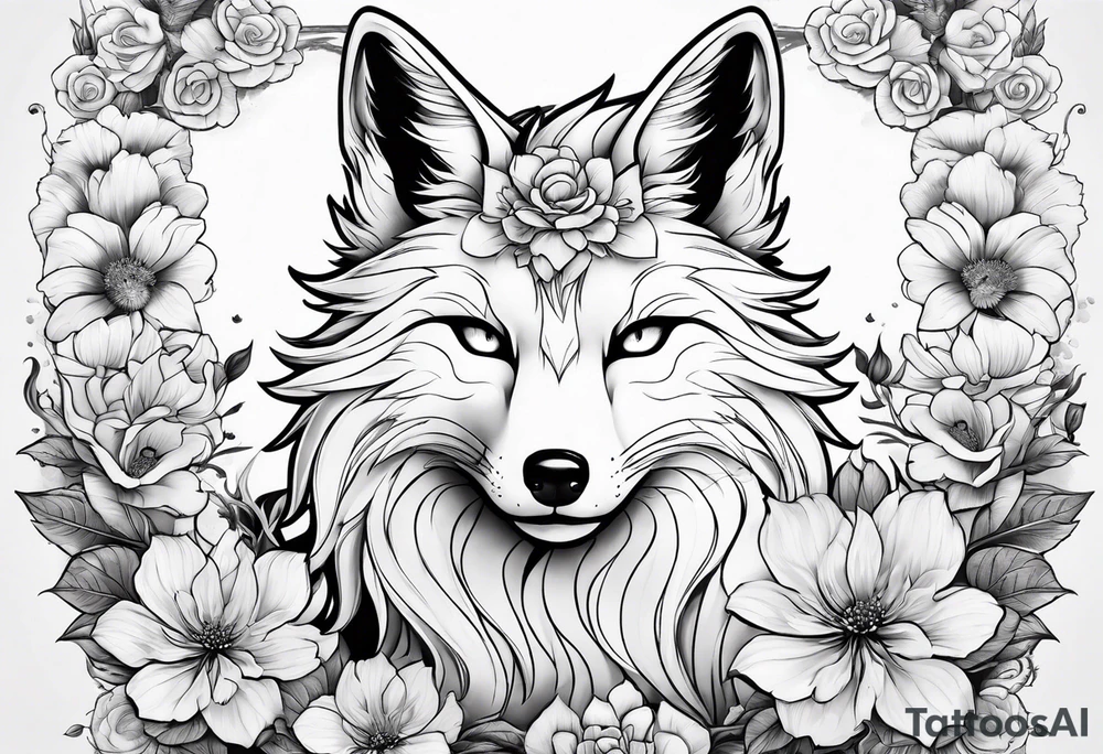 kitsune anime stiyle whit flowers tattoo idea