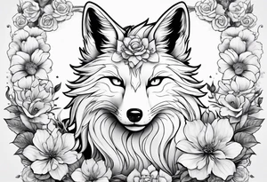 kitsune anime stiyle whit flowers tattoo idea