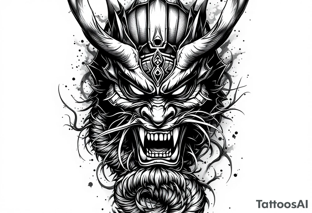 Japanese style, warrior mask biting the tail of a dragon and on the other side has a japanese warrior/ samurai tattoo idea