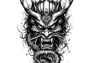 Japanese style, warrior mask biting the tail of a dragon and on the other side has a japanese warrior/ samurai tattoo idea