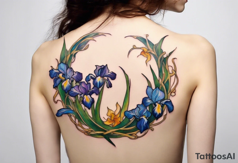 Create a small colorful Vincent van Gogh Irises tattoo in the form of a crescent, with vines gracefully intertwining at a central point in the middle of the wreath. The intended placement is on the upper chest. The overall design should be small in size while maintaining a delicate and artistic aesthetic. Pay attention to the graceful flow of the vines and the placement of the irises to achieve a refined and elegant look. tattoo idea