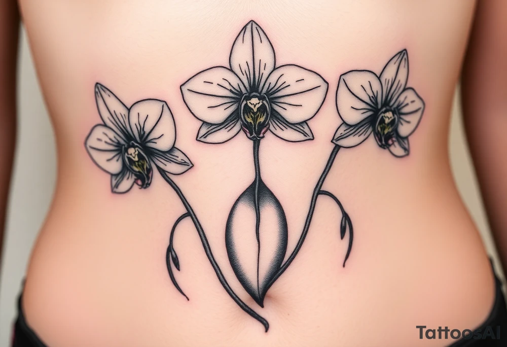 3 delicate orchids realistic with a mix with vagina tattoo idea