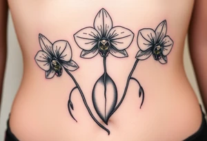 3 delicate orchids realistic with a mix with vagina tattoo idea