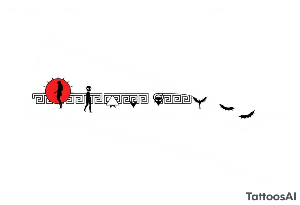 "Ultra-thin horizontal tattoo line art (ratio 15:1), 1px line width, black and red. Seamless repeating pattern for forearm wrap-around.  

Core pattern: Single continuous Greek meander (key pattern) with sharp 90° turns.  

Integrated symbols (minimalist, part of the line):  
- ☀ Red sun: 3mm circle + 4 triangular rays (red)  
- 🏃 Person: 3-line angular silhouette (black)  
- 👽 Alien: equilateral triangle + 2 dot eyes (black)  
- 🐉 Dragon: zigzag with 3 spikes (black)  

Rules:  
1. All symbols must connect to the meander line  
2. No gaps, no shading, no background  
3. Alien near moon, dragon near sun  
4. Perfect loop for 360° continuity  

Style: Ancient Greek meets cyber-minimalism, vector art precision." tattoo idea
