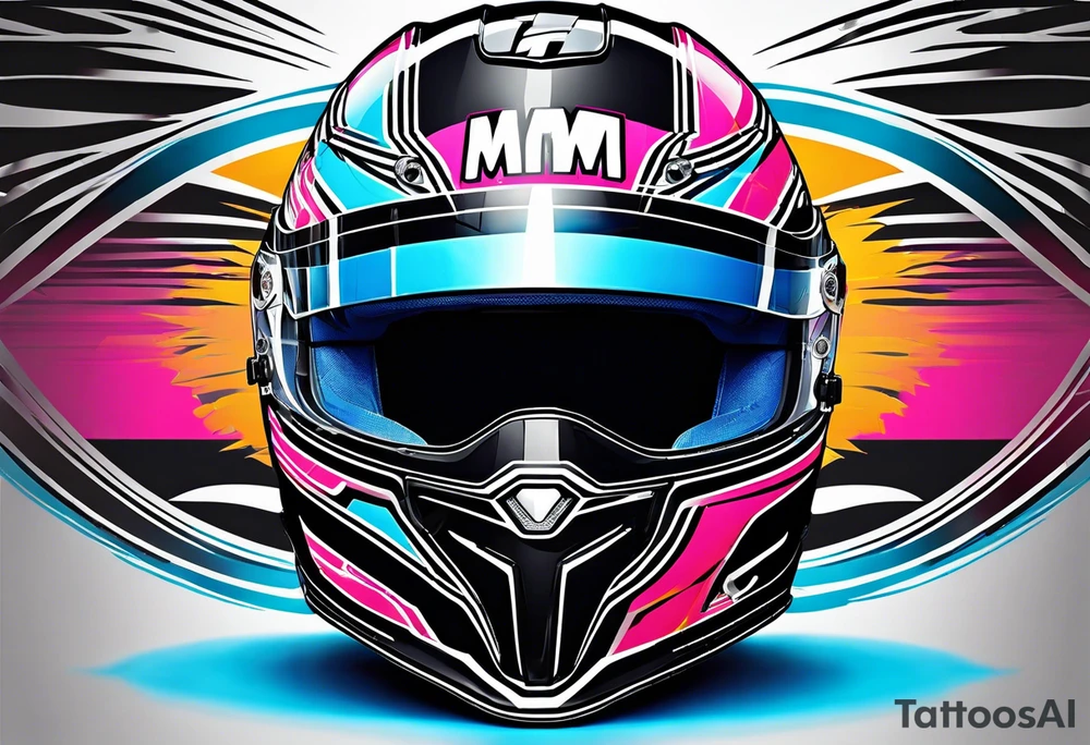 Formula 1 helment with the Miami name a palm tree and light blue black and pink colors 3/4 view tattoo idea