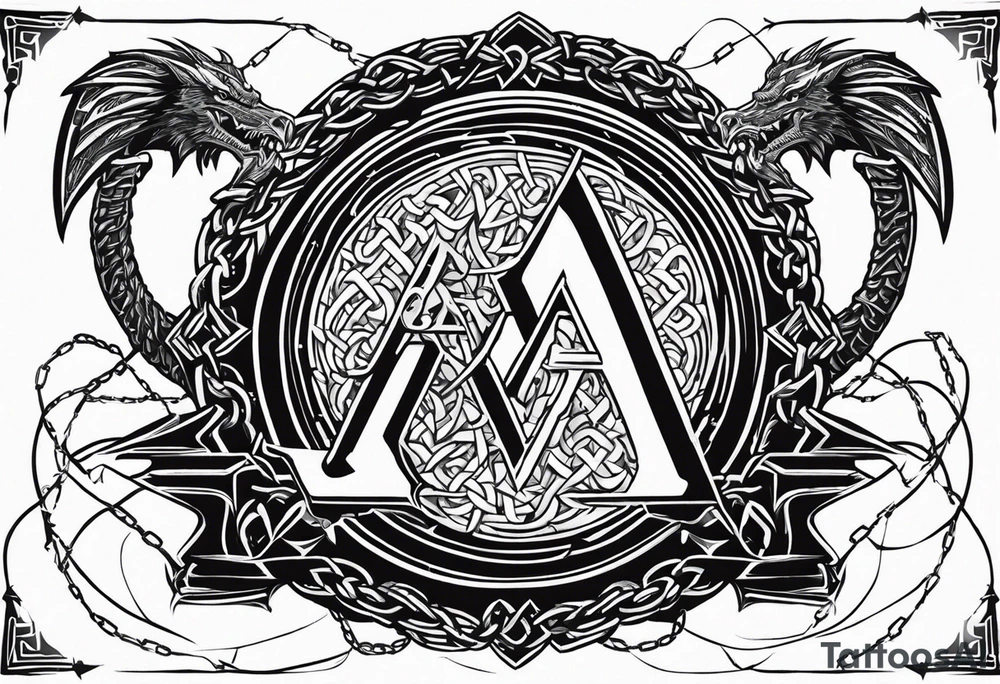 Valhalla sword shield dragon axe Valknut barbed wire chains tattoo idea Valhalla sword shield dragon axe Valknut barbed wire chains tattoo idea
