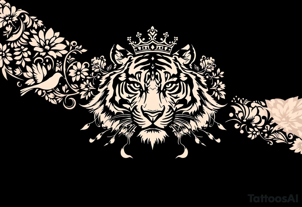 powerful majestic tiger with a crown, surrounded by floral ornaments and birds tattoo idea