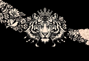 powerful majestic tiger with a crown, surrounded by floral ornaments and birds tattoo idea