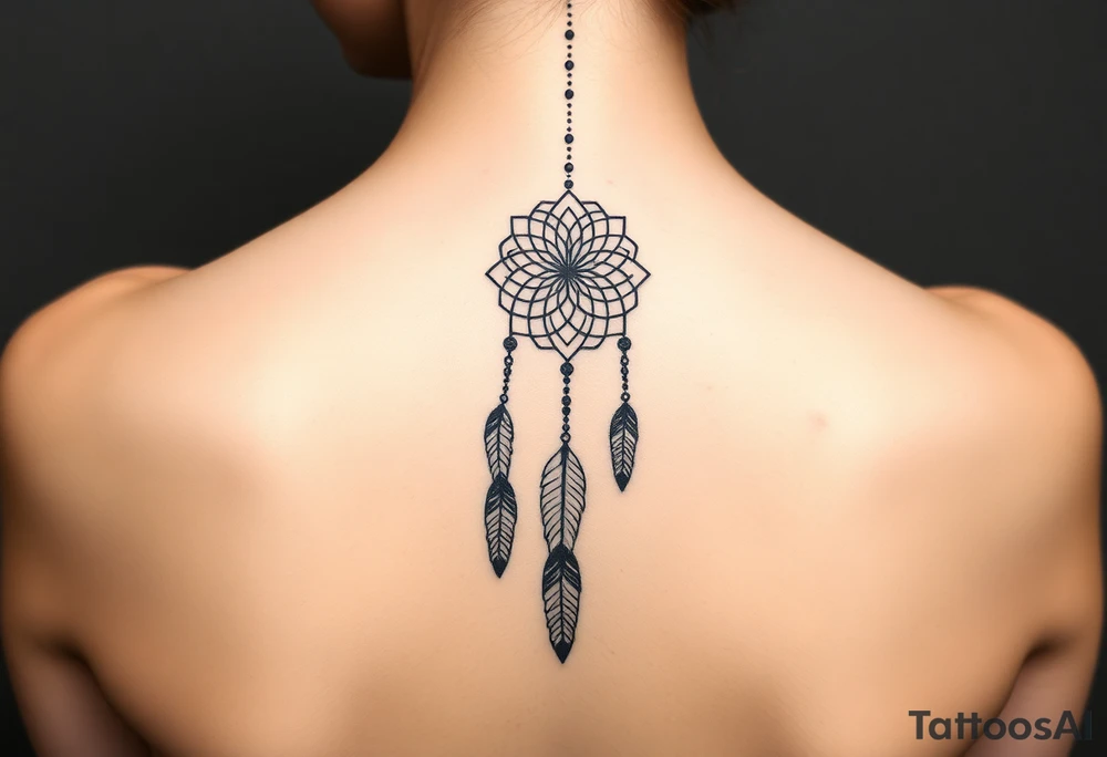 Thin spinal tattoo following down the spine in native dreamcatcher with flowing lines made of a discreet connection of morse code ".--- .- --.     .-.. ... -.- .- .-.   -.. .. --.     .-.. .. .-.. .-.. . -... .-. --- .-. connected to flowing feathers tattoo idea