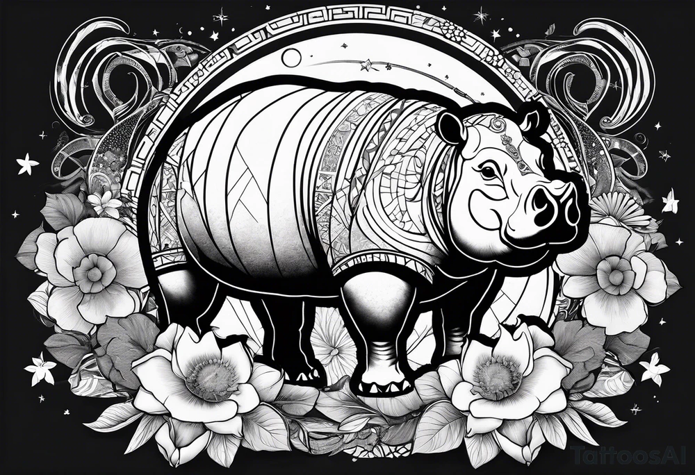 Hippo, flowers, moon, interstella, artic surreal,
Extreme fine lines, tribal, geometric, japanese, artistic tattoo idea