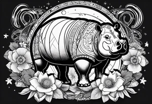 Hippo, flowers, moon, interstella, artic surreal, 
Extreme fine lines, tribal, geometric, japanese, artistic tattoo idea