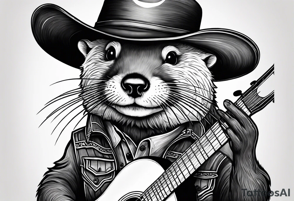 An otter floating on its back playing a banjo and wearing a cowboy hat tattoo idea