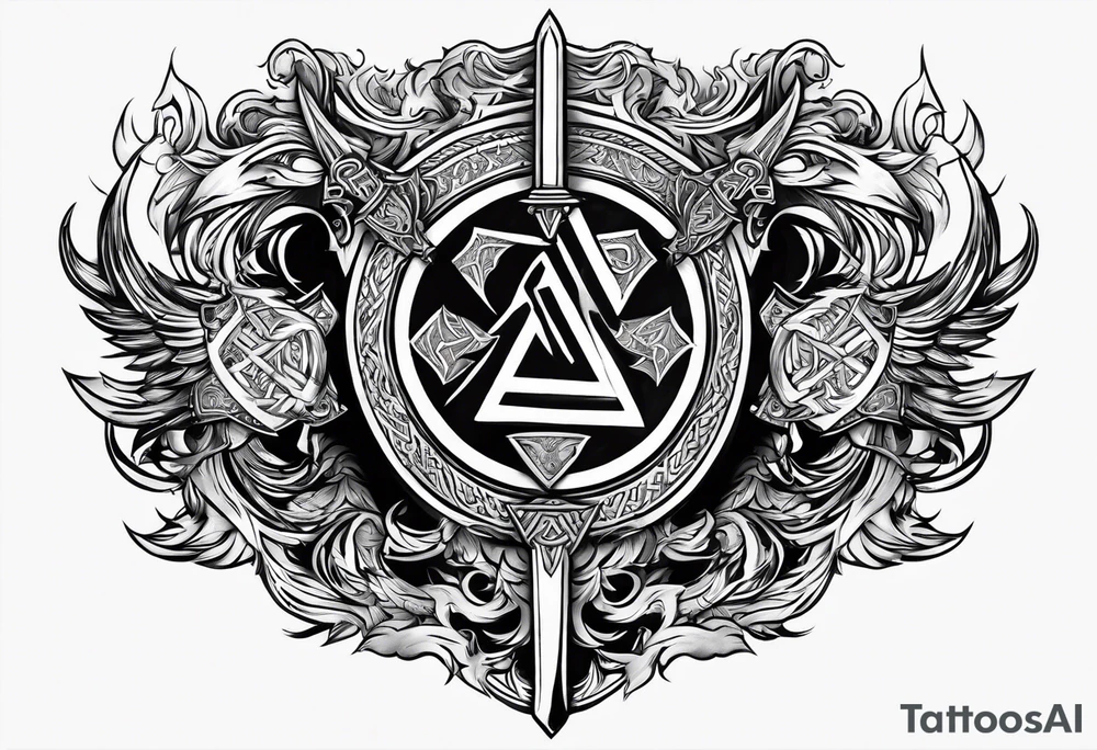 Valhalla shield valknut sword axe flames cloud tattoo idea Valhalla shield valknut sword axe flames cloud tattoo idea