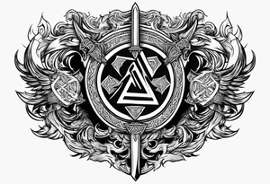 Valhalla shield valknut sword axe flames cloud tattoo idea