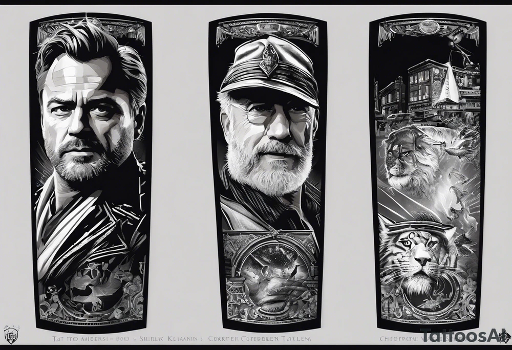 help me design a tattoo from shoulder to forearm with a design that creatively unites the films of Christopher Nolan, Martin Scorcerse, Stanley Kubric, Steven Spielberg, Coppola, etc. tattoo idea