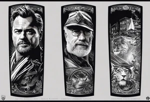 help me design a tattoo from shoulder to forearm with a design that creatively unites the films of Christopher Nolan, Martin Scorcerse, Stanley Kubric, Steven Spielberg, Coppola, etc. tattoo idea