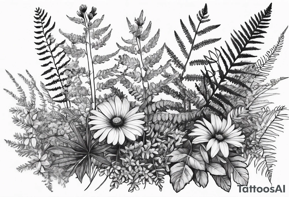 saturated mixed wildflower with ferns and with color tattoo idea