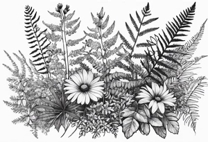saturated mixed wildflower with ferns and with color tattoo idea