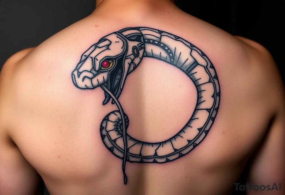 A Cybernetic Snake Biting Its Own Tail (Ouroboros Style)
The classic ouroboros but partially robotic, its fangs dripping neon coolant.
Could be wrapped around a futuristic engine or a broken motherboard.
Eyes flickering between red error codes and reptilian slits. tattoo idea