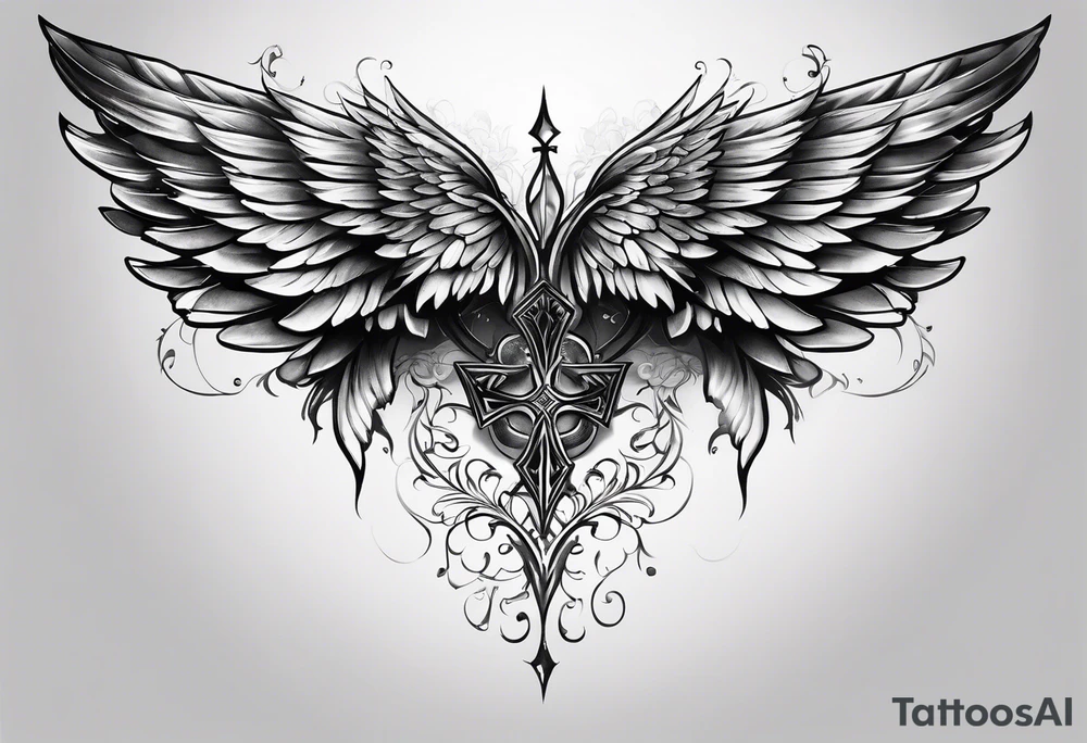 Realistic wings with upside down cross between the wings tattoo idea Realistic wings with upside down cross between the wings tattoo idea