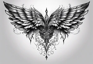 Realistic wings with upside down cross between the wings tattoo idea