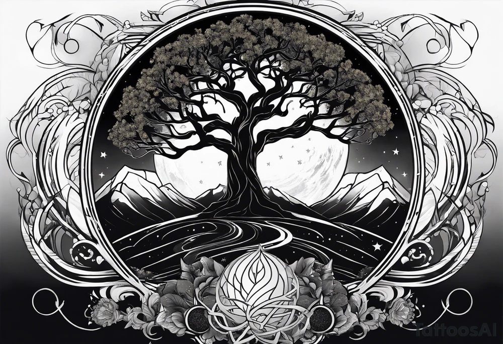 yggdrasil made of black space and stars tattoo idea