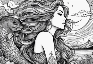 A mermaid looking out into the night sky and ocean horizon tattoo idea