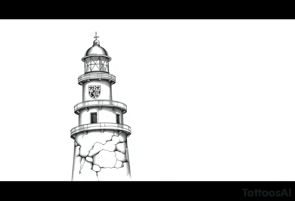a whole lighthouse with a coat of arms incorporated into the roof tattoo idea