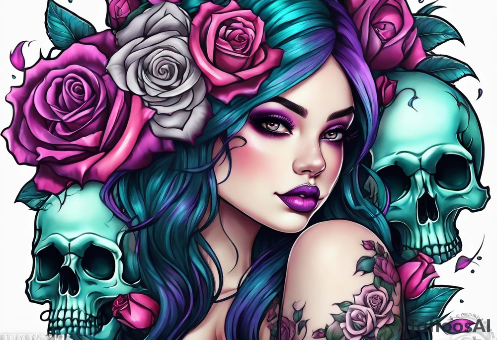 Chubby gothic girl, roses, skulls, teal, pink, purple tattoo idea