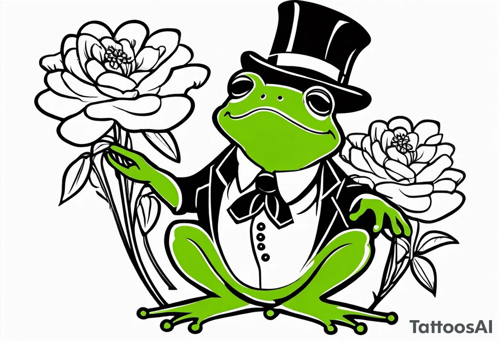Cute Frog wearing top hat and a suit standing on its Back legs while holding flowers tattoo idea