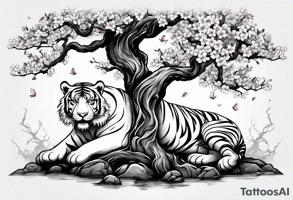 Twisted gnarly cherry blossom tree with tiger under it tattoo idea