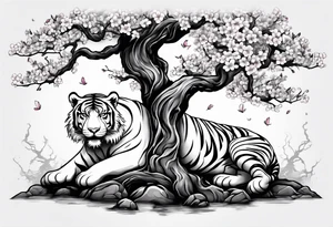 Twisted gnarly cherry blossom tree with tiger under it tattoo idea