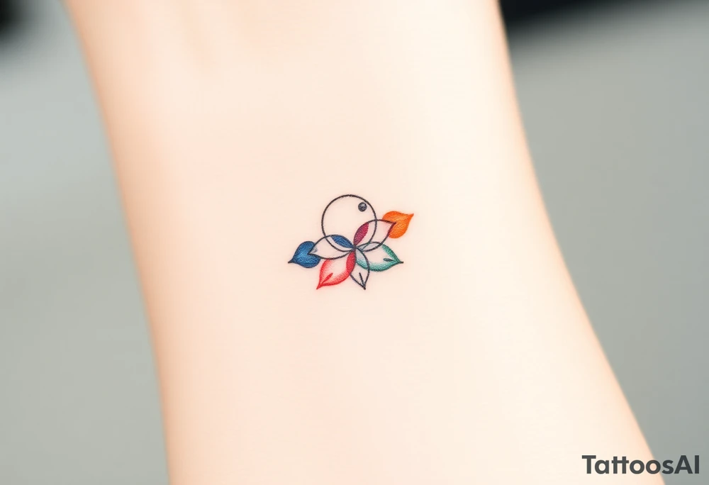 Design a very small (max 2x2 cm) tattoo for the inner wrist that subtly symbolizes lesbian identity. It should be minimal and delicate — possibly fine line or soft color. The design must be discreet yet meaningful, not instantly recognizable as LGBTQ but with layered symbolism. Think of subtle elements like intertwined female symbols, abstract sapphic references, or a hidden double meaning through nature (e.g. flowers, moons, triangles). Avoid clichés or bold pride imagery. Keep it elegant, wearable, and intimate tattoo idea
