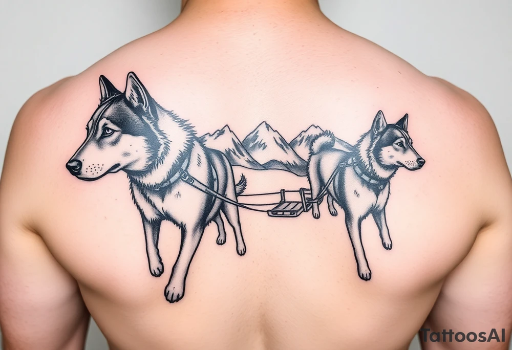 Sled dogs from a side viewwith sled and northern lights and mountains tattoo idea