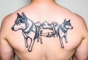 Sled dogs from a side viewwith sled and northern lights and mountains tattoo idea