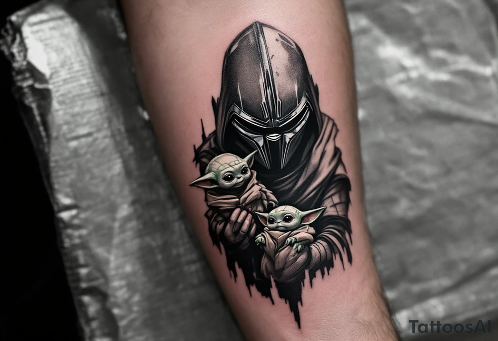 Mandolorian is holding baby yoda tattoo idea