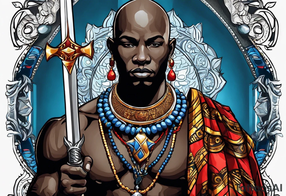 An african god, a bald black-skinned warrior, that uses a sword and a silver crown. He also uses blue and red necklaces tattoo idea