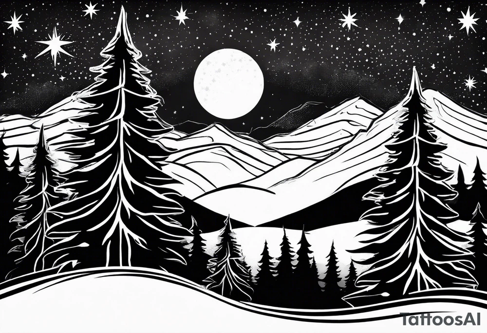 Lighter shaded night sky with stars.  Night sky fading at edges 

Mountains 

Trees with snow on them tattoo idea